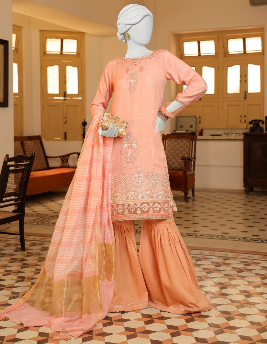 Peach Cotton 3 Piece Stitched Dress | Jjpw-S-Jpws-23-617