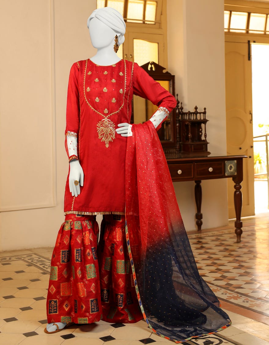 Red Raw Silk 3 Piece Stitched Dress | Jjpw-S-Jpws-23-618