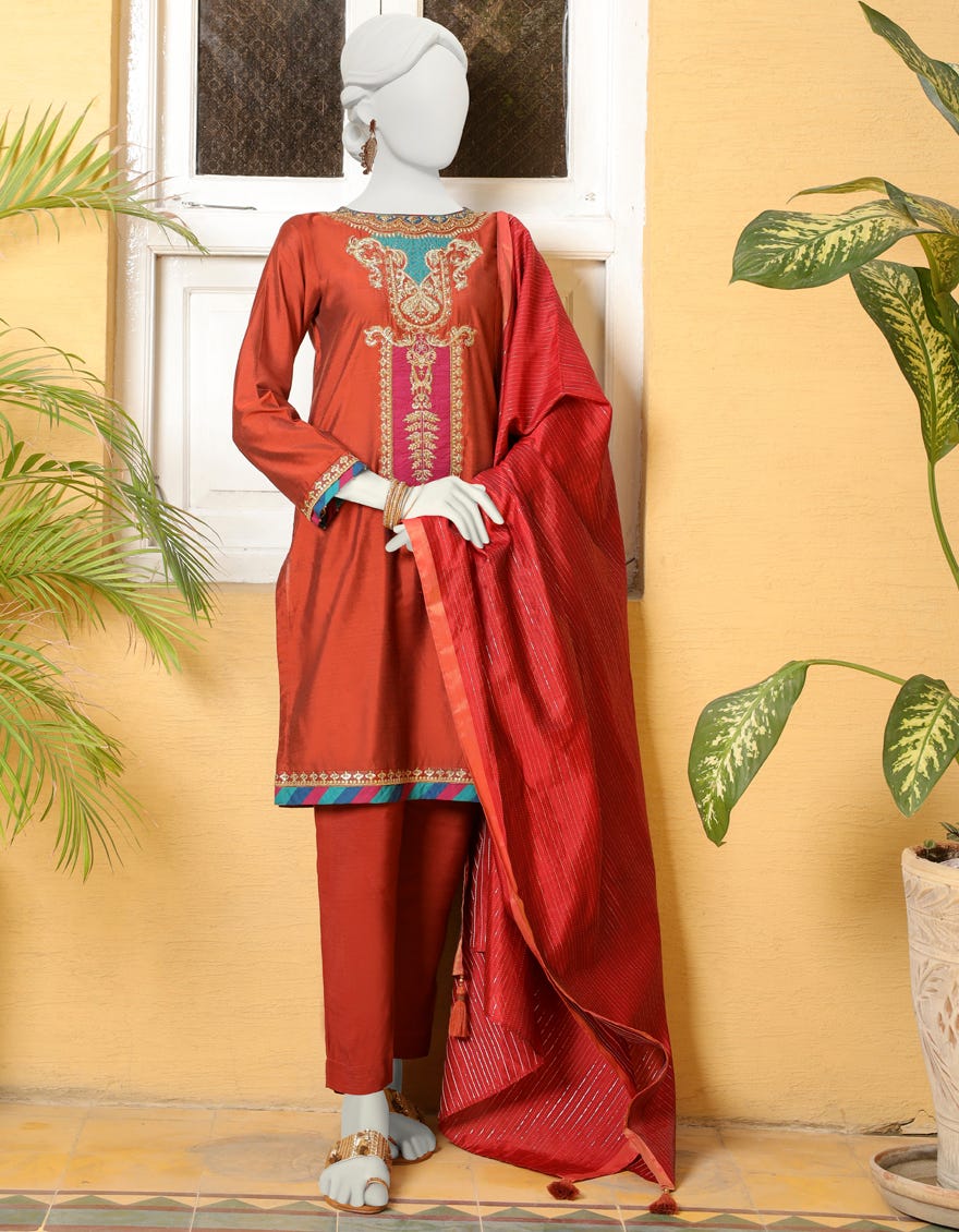 Rust Satin 3 Piece Stitched Dress | Jjpw-S-Jpws-23-620