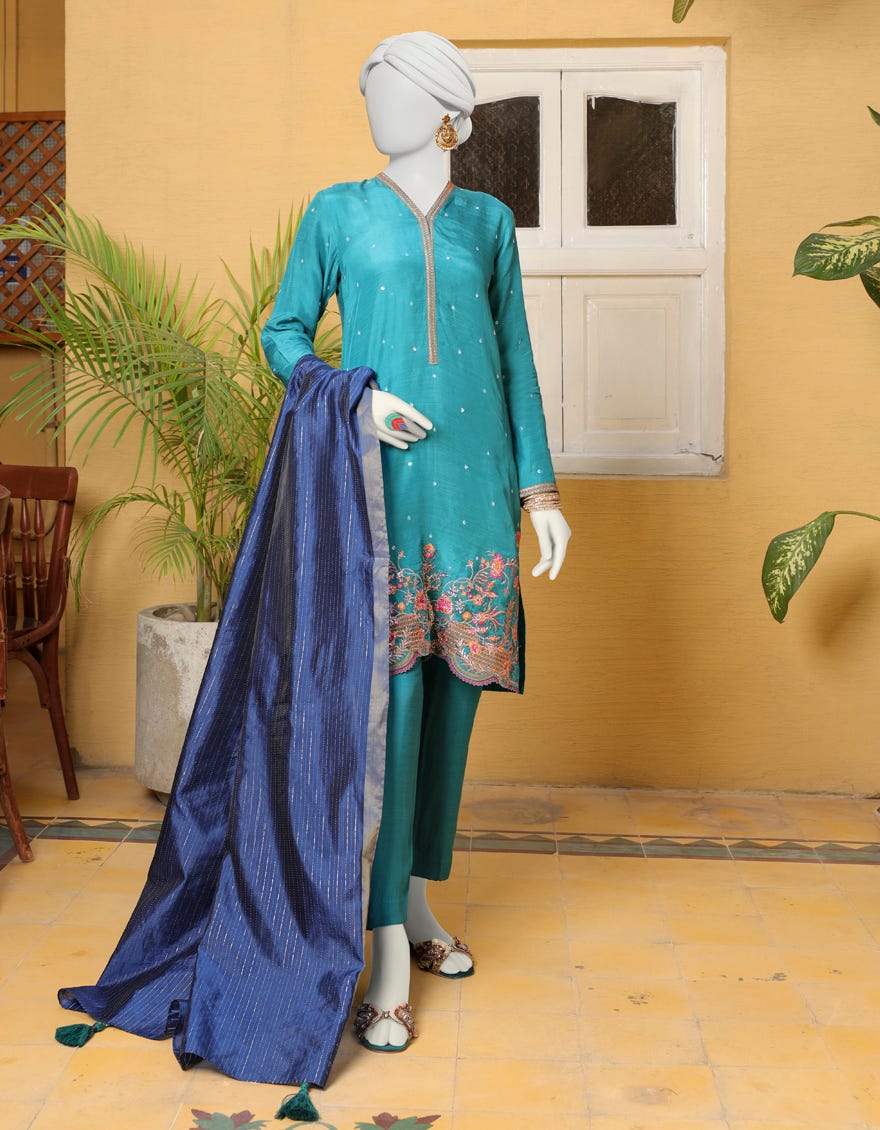 Turquoise Blue Cotton 3 Piece Stitched Dress | Jjpw-S-Jpws-23-622