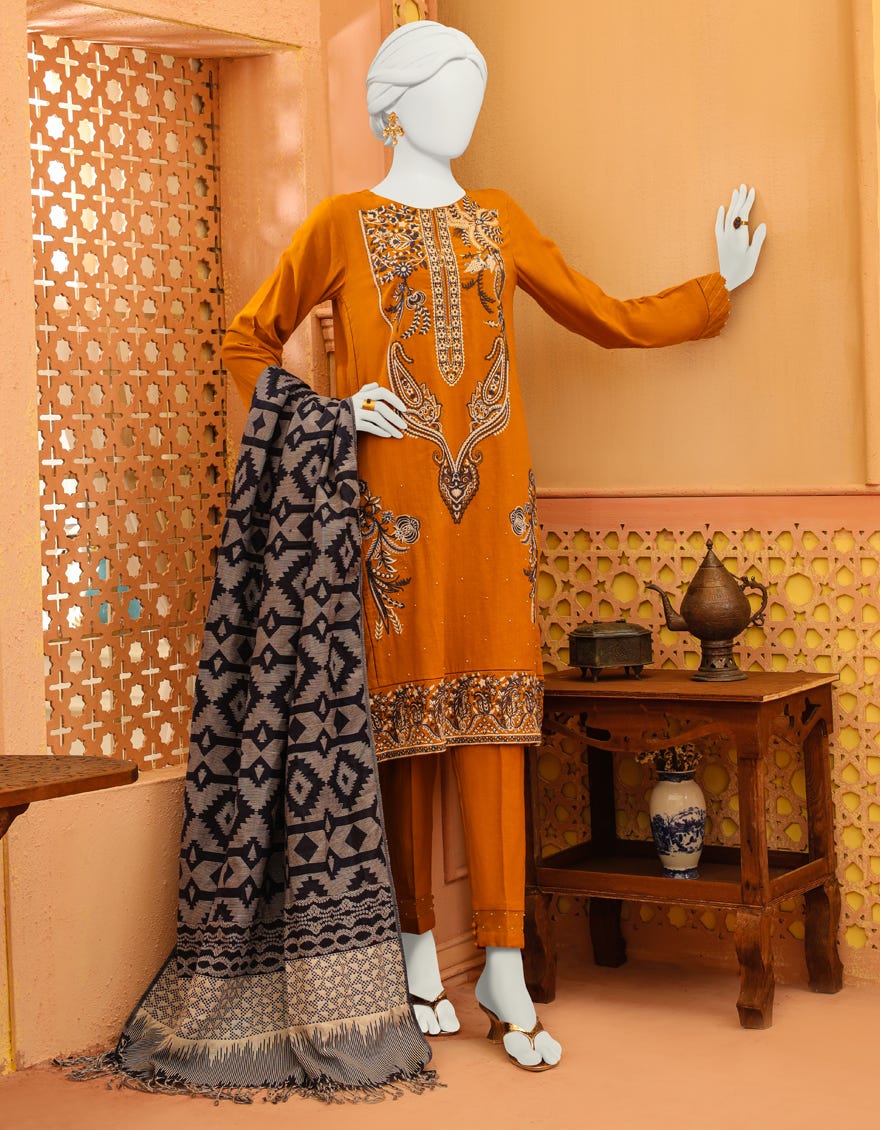 Mustard Khaddar 3 Piece Stitched Dress | Jjpw-W-Jpws-23-624
