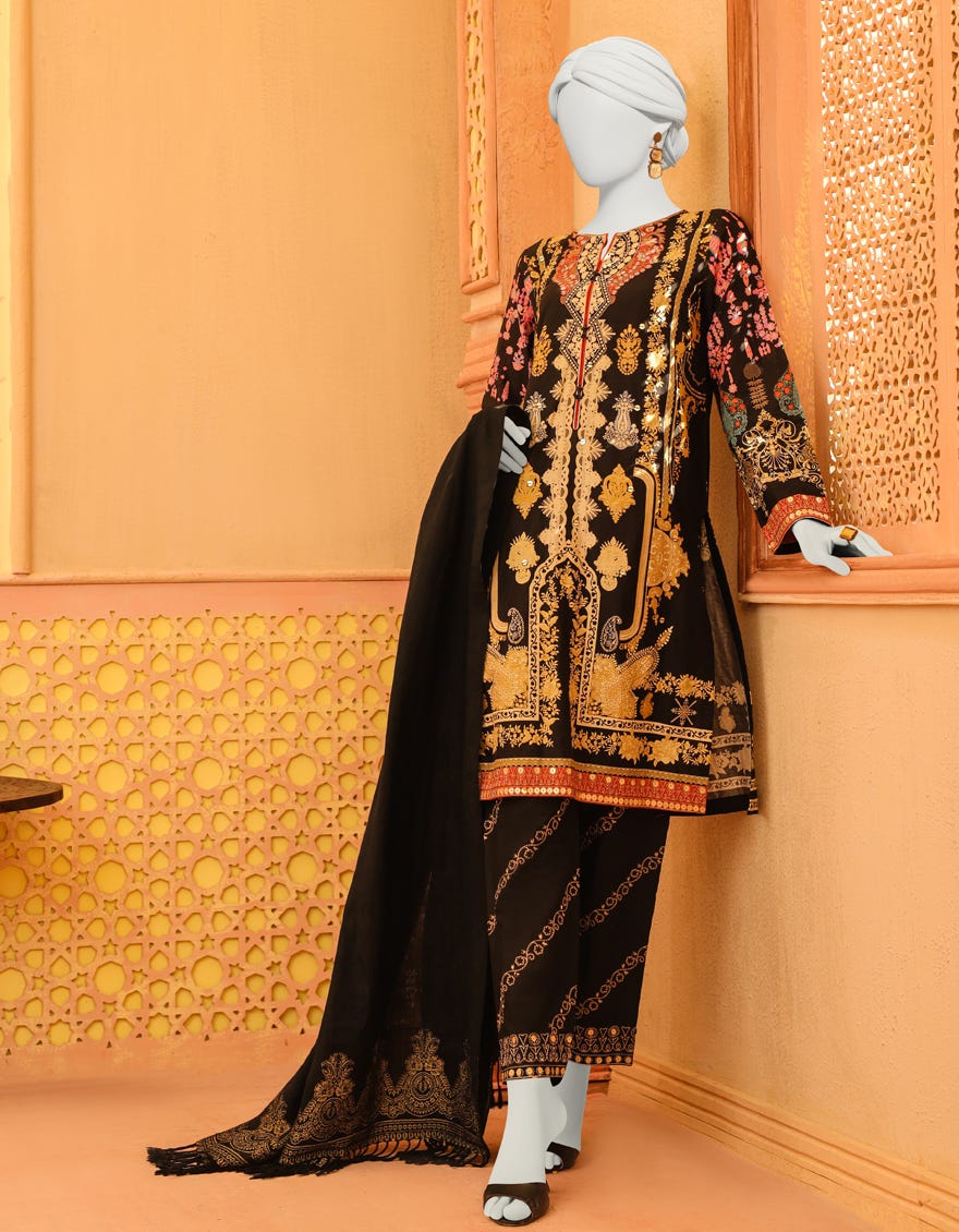 Black Lawn 3 Piece Stitched Dress | Jjpw-W-Jpws-23-633