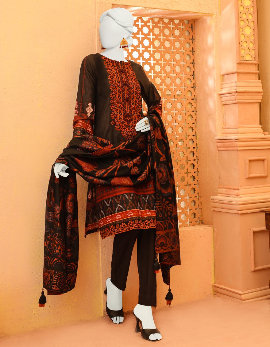 Black Cambric 3 Piece Stitched Dress | Jjpw-W-Jpws-23-639