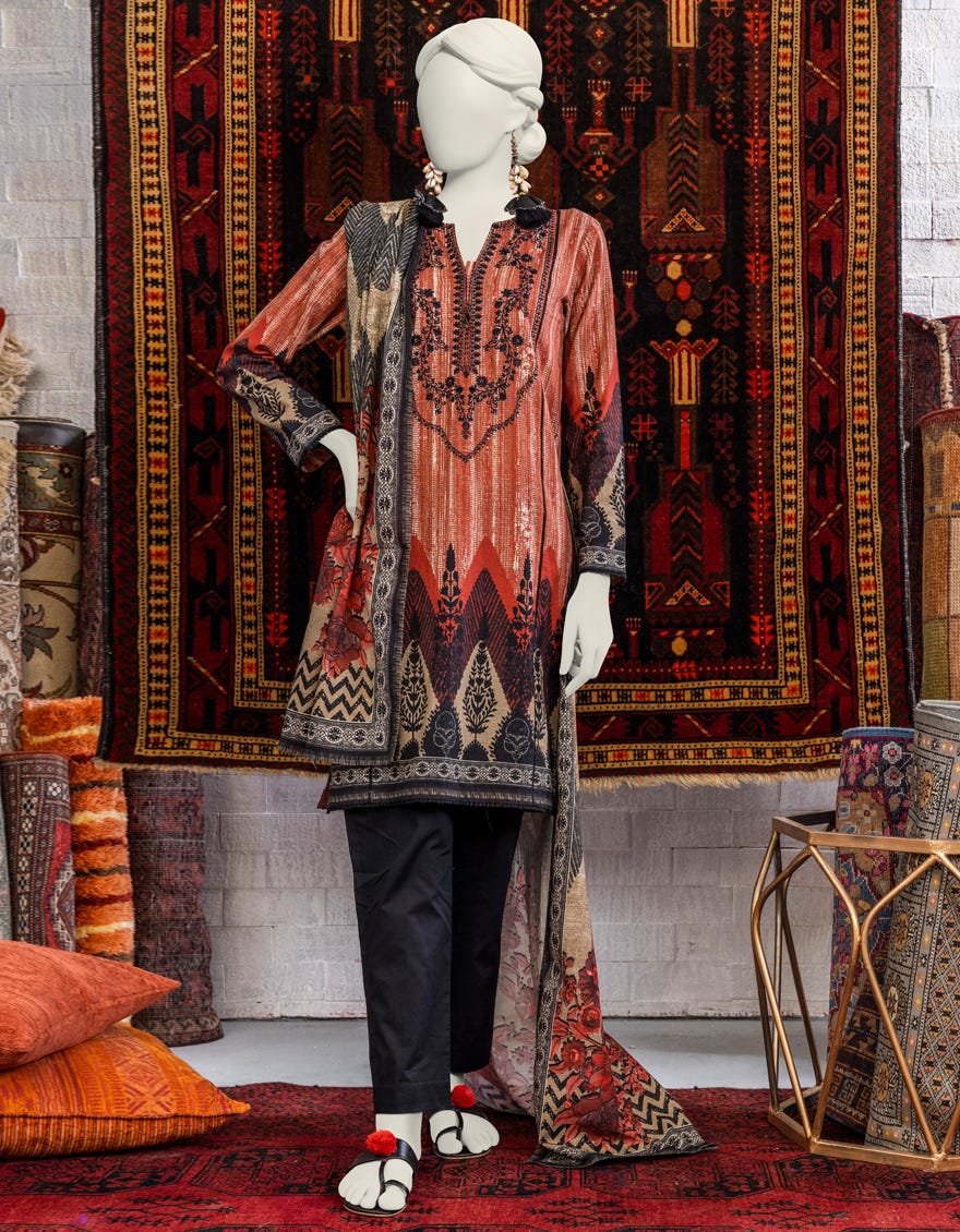 Brown Khaddar 3 Piece Stitched Dress | Jjpw-W-Jpws-23-657