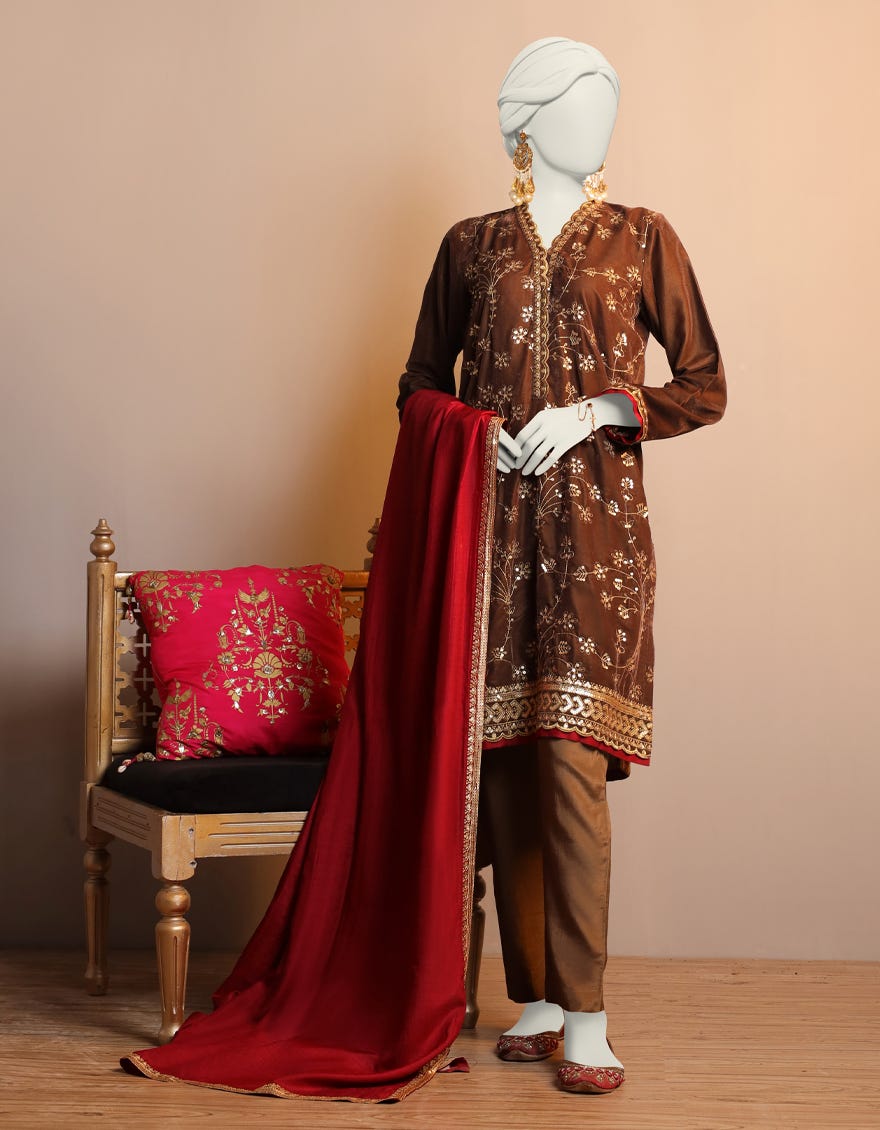 Brown Velvet 3 Piece Stitched Dress | Jjpw-W-Jpws-23-663