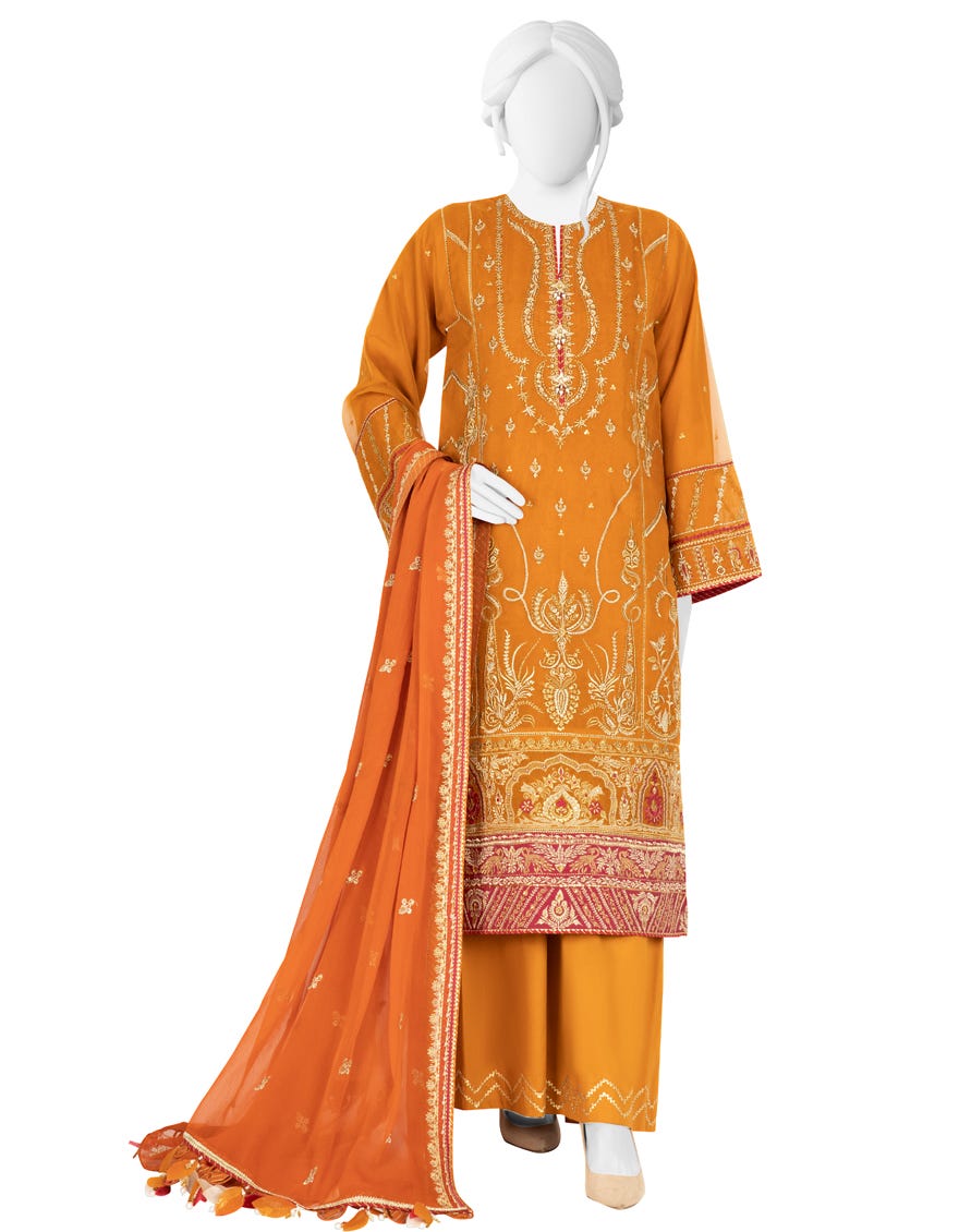 Mustard Dyed Unstitched 3 Piece Dress | Jjls-S-Jfu-23-704