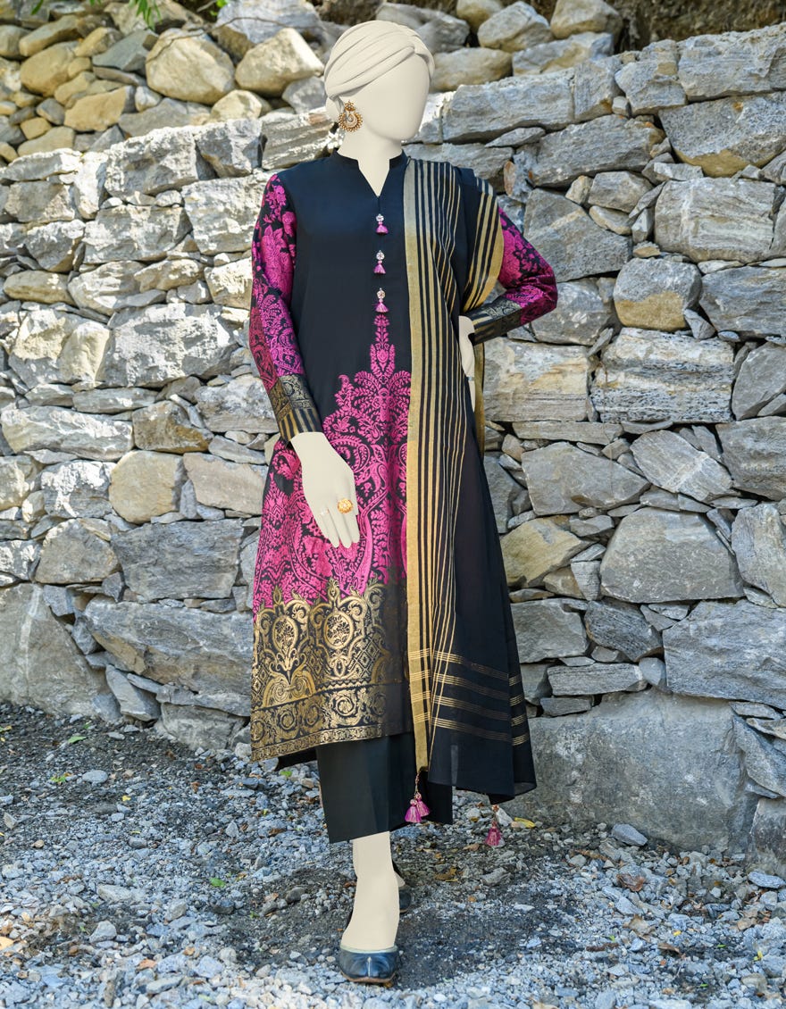 Black Jacquard Unstitched 2 Piece Dress | Jjls-W-Jw2-23-7054