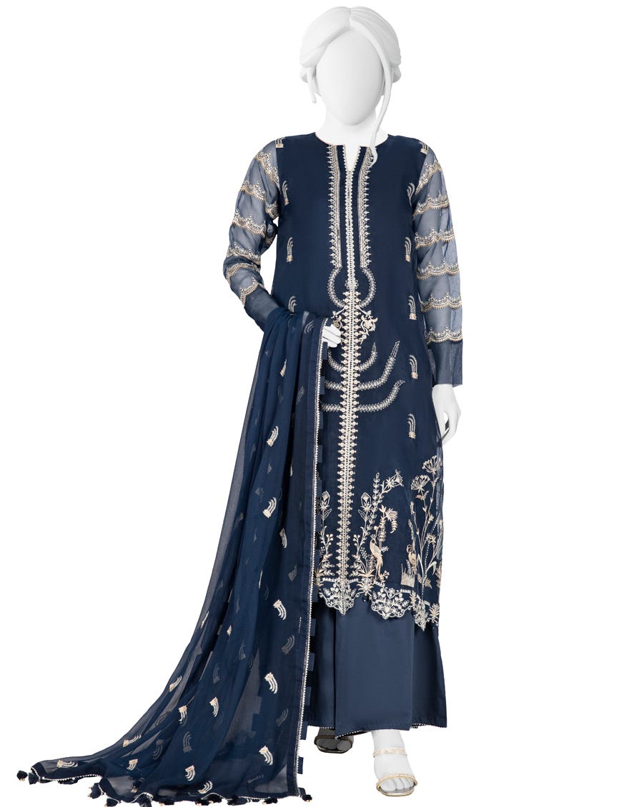 Navy Blue Dyed Unstitched 3 Piece Dress | Jjls-S-Jfu-23-708
