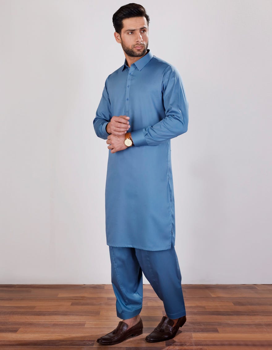 Azure Blue Cotton Unstitched Kameez Shalwar Fabric | Jjms-2301