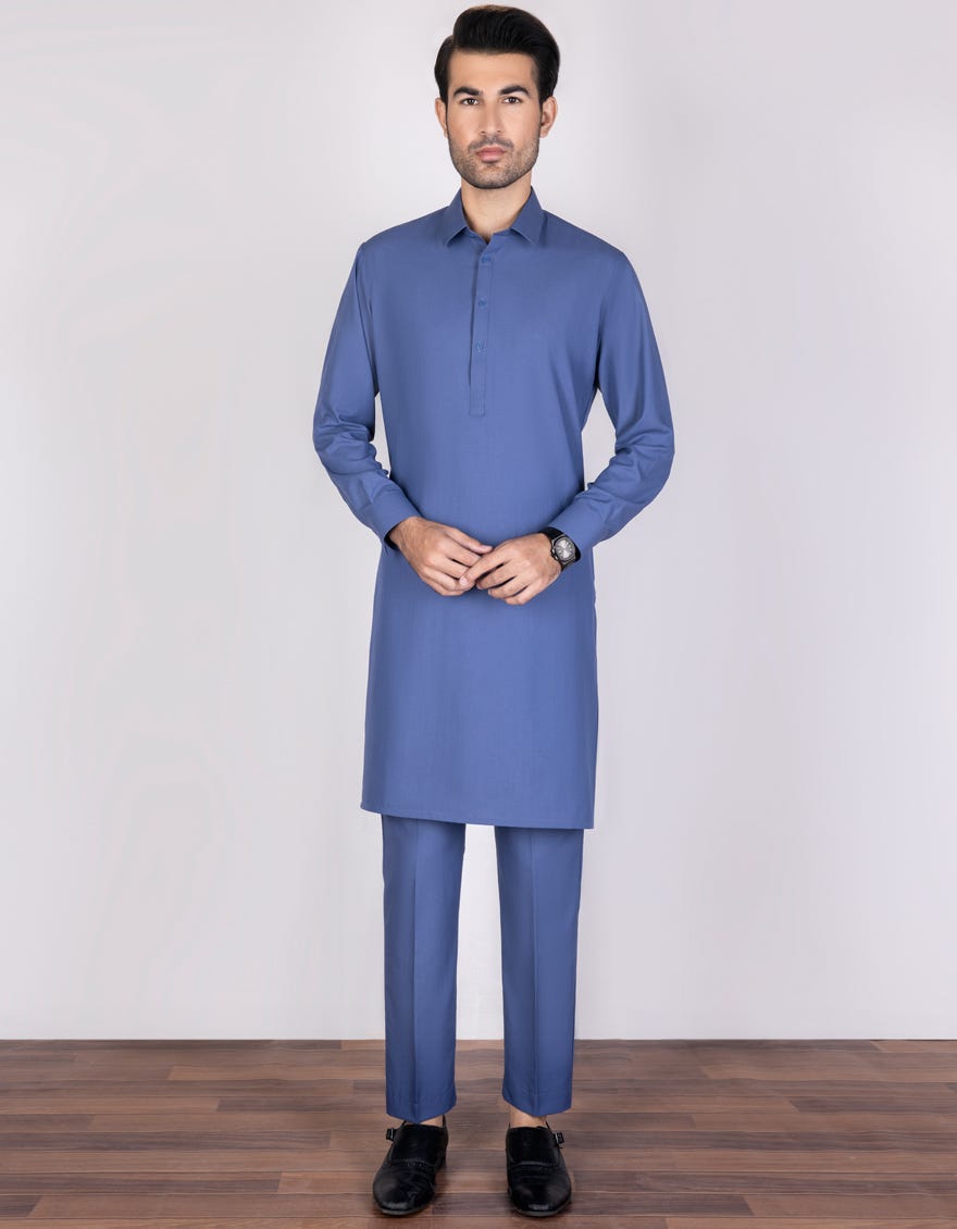 Prussian Blue Blended Unstitched Kameez Shalwar Fabric | Jjms-2310