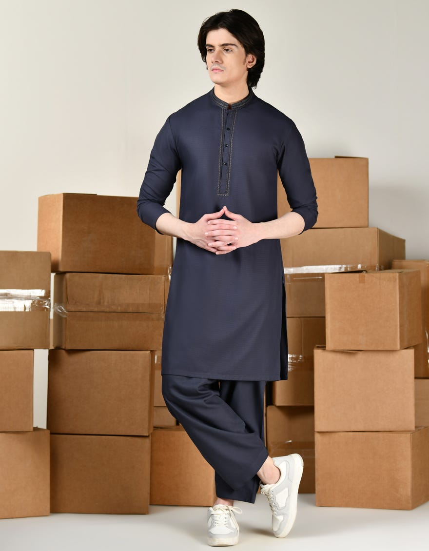 Blue Grey Blended Teen Boy's Kameez Shalwar | Jtks-S-39142