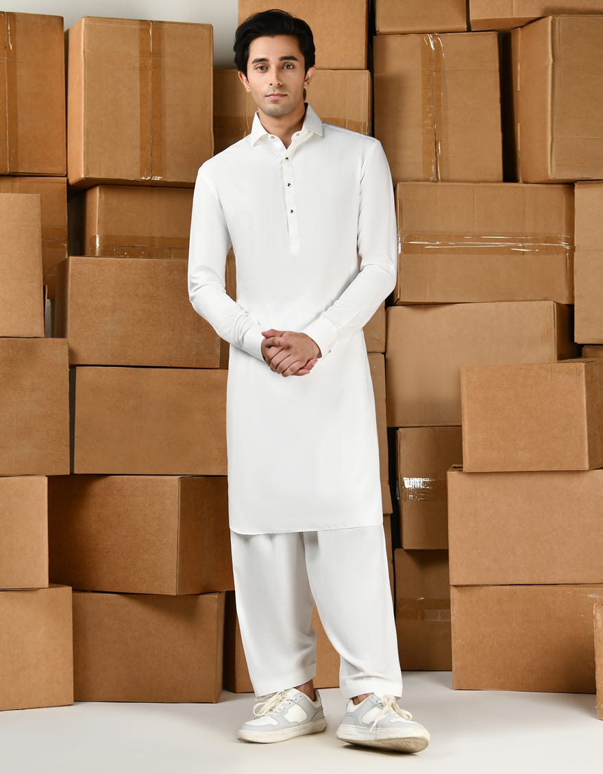 White Blended Teen Boy's Kameez Shalwar | Jtks-A-46432