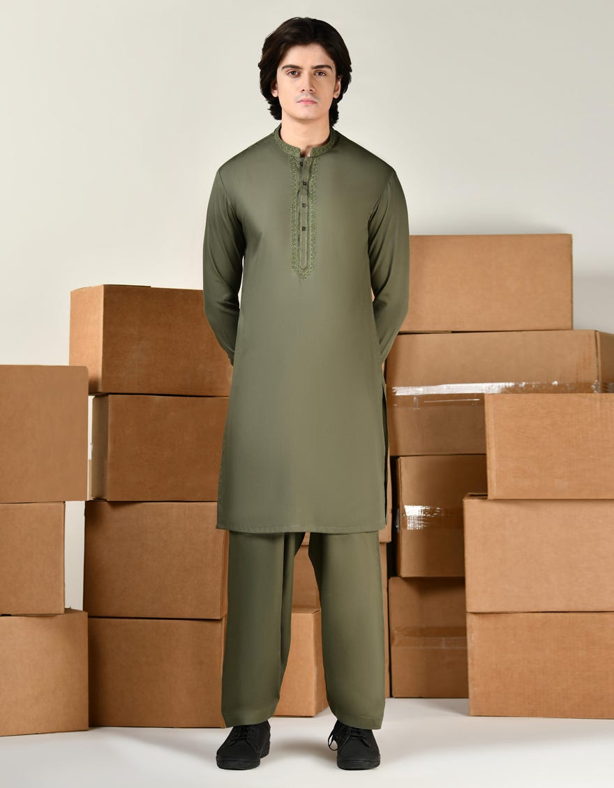 Mehndi Green Blended Teen Boy's Kameez Shalwar | Jtks-A-46409