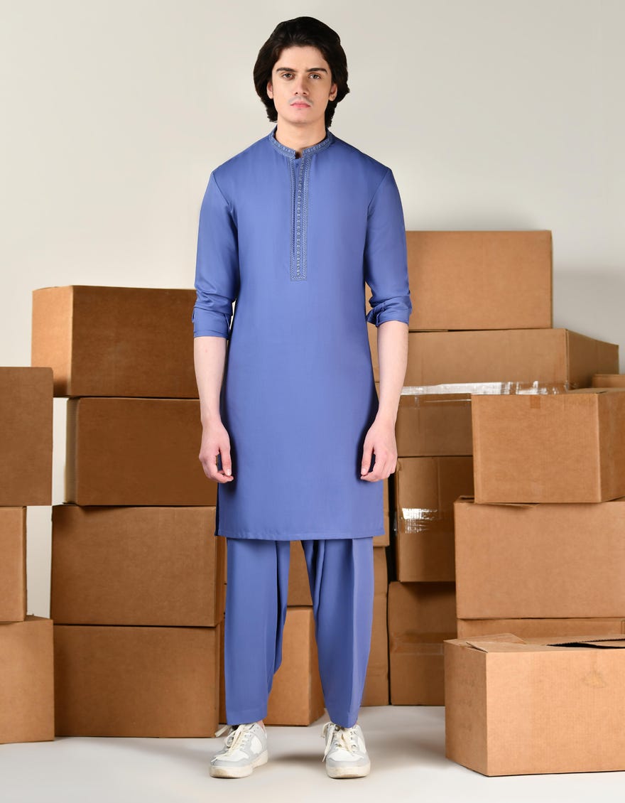 Ink Blue Blended Teen Boy's Kameez Shalwar | Jtks-A-46411