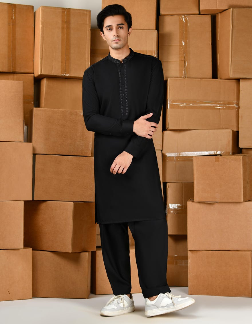Black Blended Teen Boy's Kameez Shalwar | Jtks-S-46412