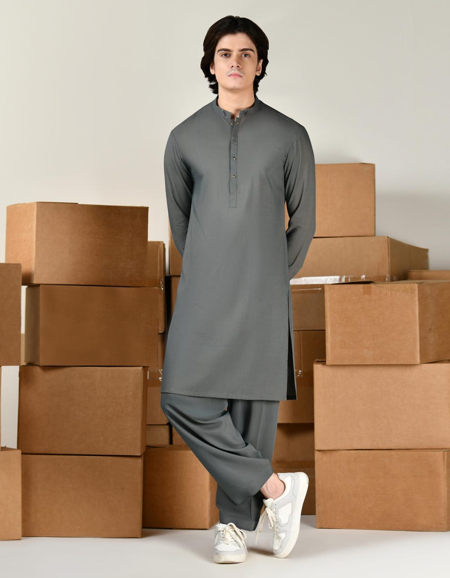 Cement Green Blended Teen Boy's Kameez Shalwar | Jtks-S-46422
