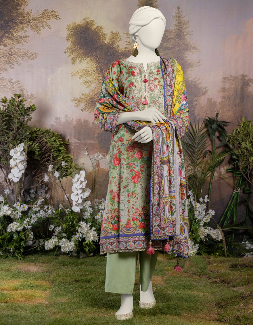 Green Linen 3 Piece Embroidered Stitched | Jjpw-S-Jpw-24-002
