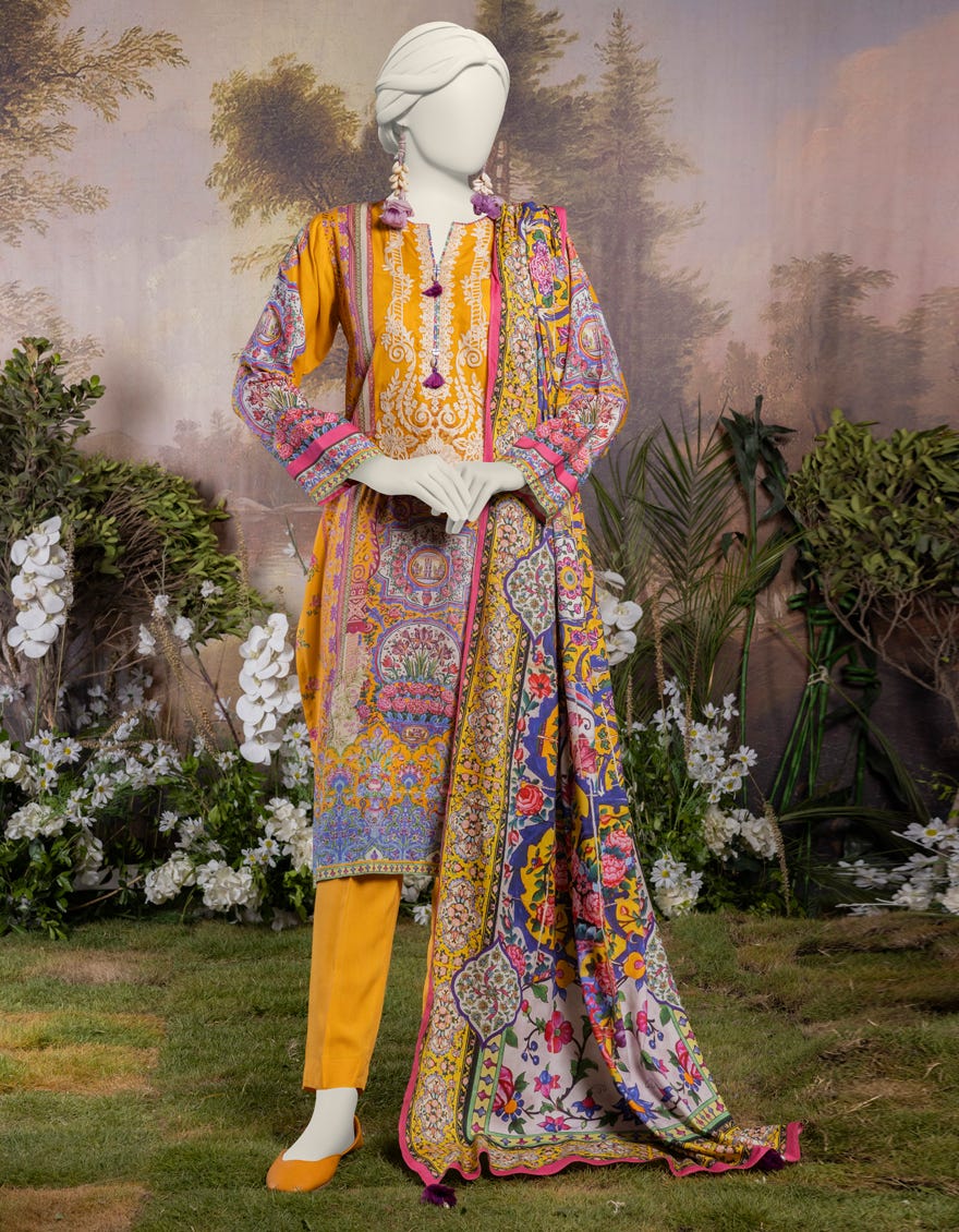 Yellow Linen 3 Piece Embroidered Stitched | Jjpw-S-Jpw-24-004
