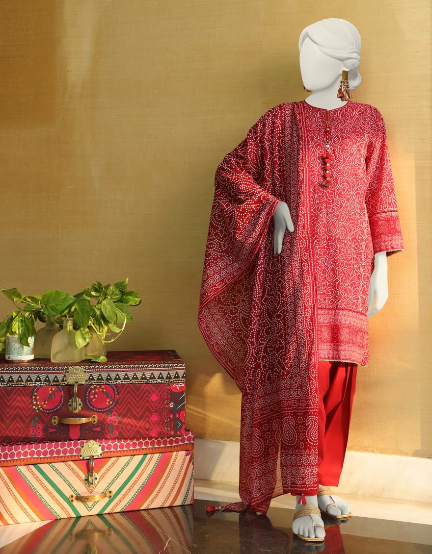 Red Lawn 3 Piece Stitched Dress | Jlawn-S-24-005