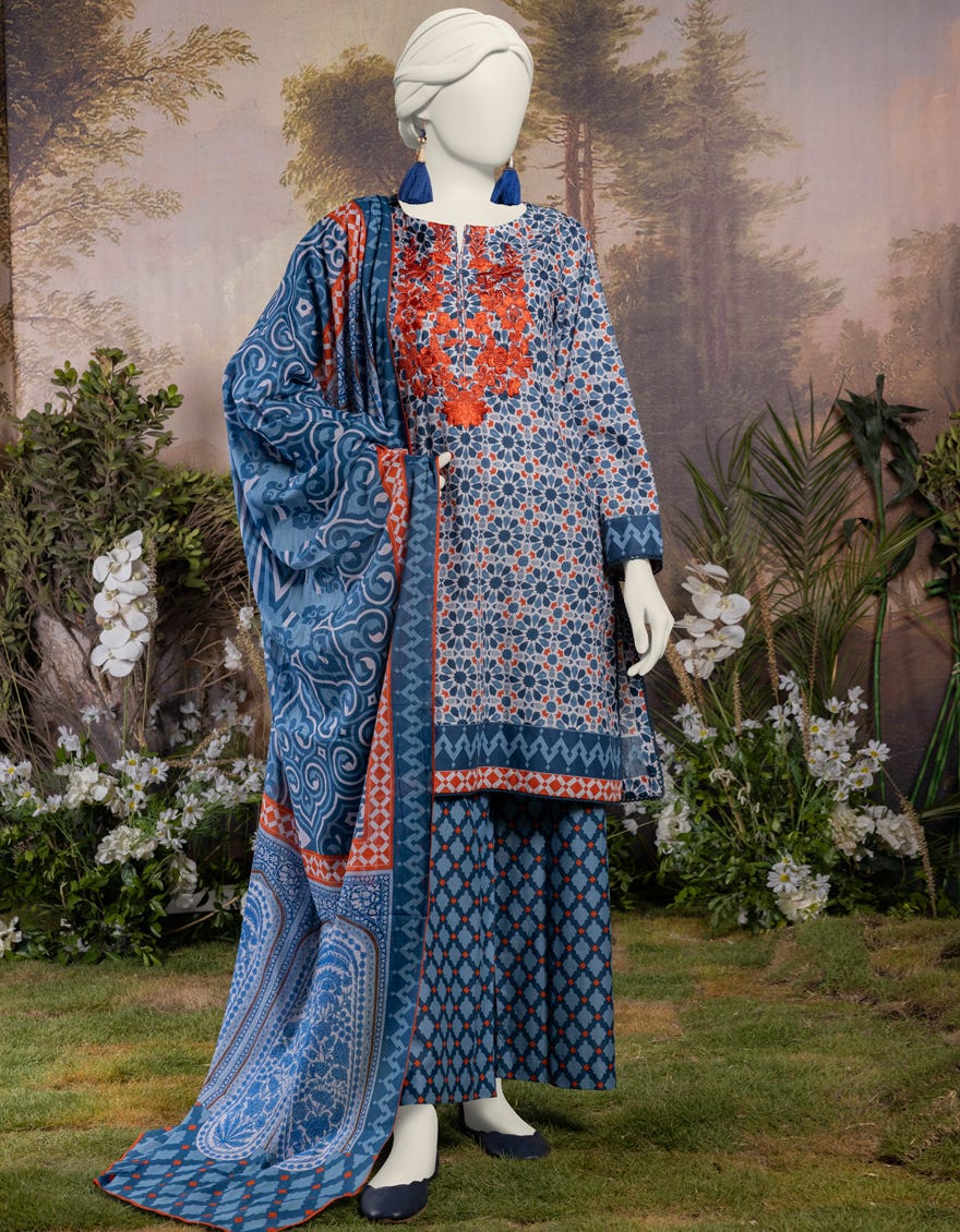 Blue Lawn 3 Piece Embroidered Stitched | Jjpw-S-Jpw-24-006