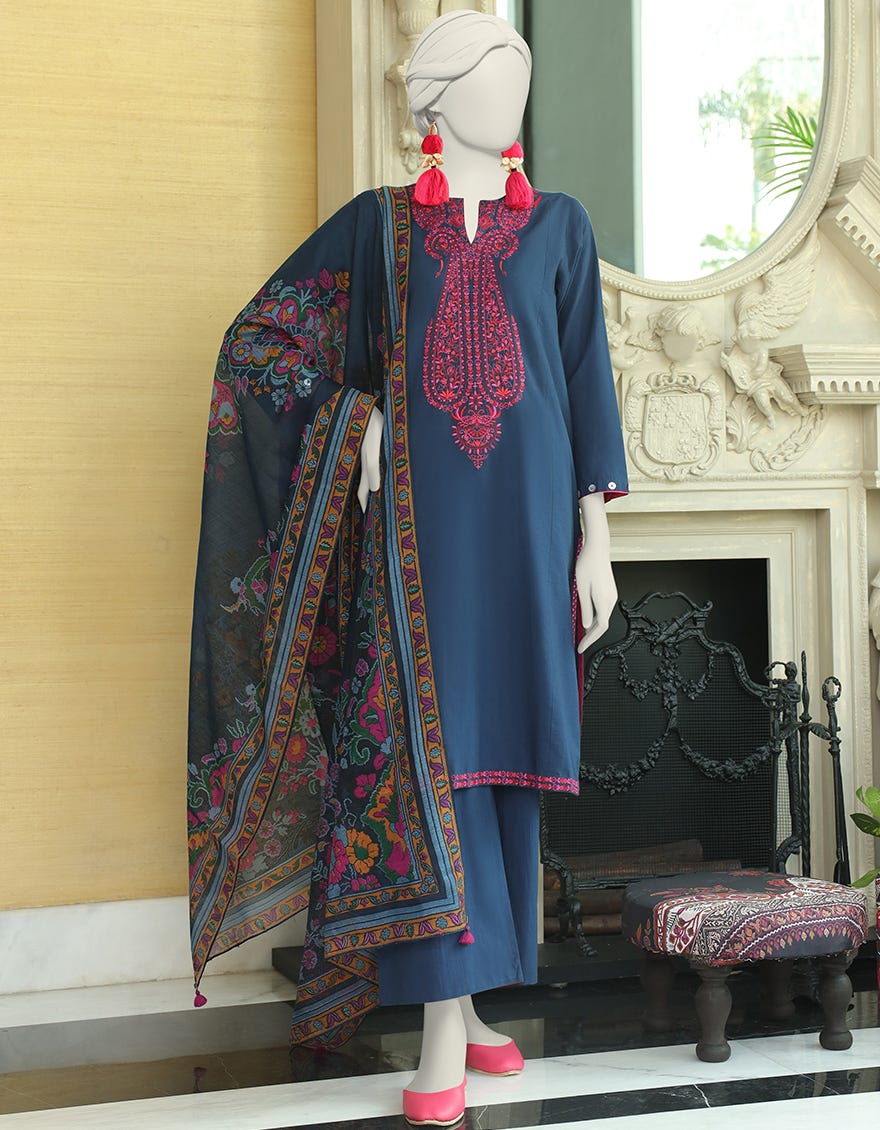 Blue Textured 3 Piece Stitched Dress | Jlawn-S-24-007