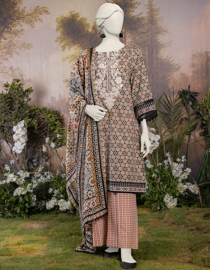 Black Lawn 3 Piece Embroidered Stitched | Jjpw-S-Jpw-24-008