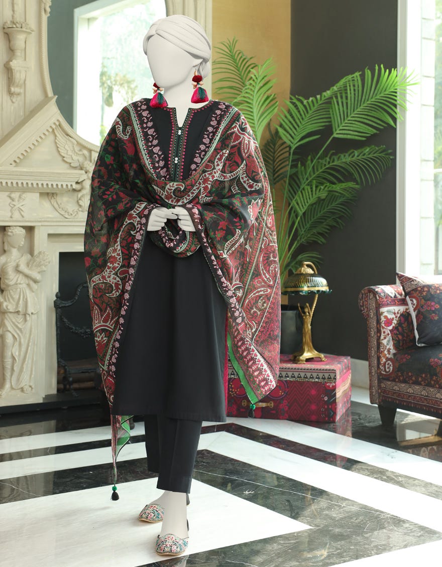 Black Jacquard 3 Piece Stitched Dress | Jlawn-S-24-009