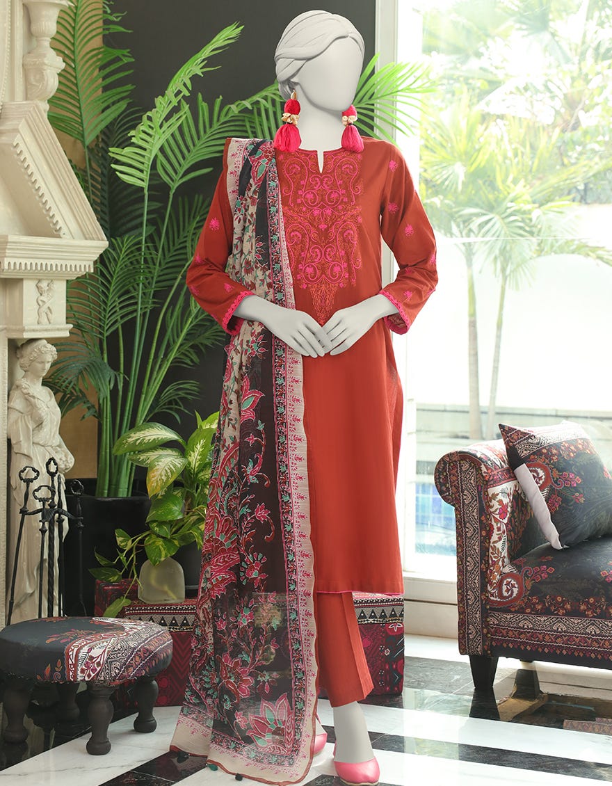 Rust Textured 3 Piece Stitched Dress | Jlawn-S-24-010