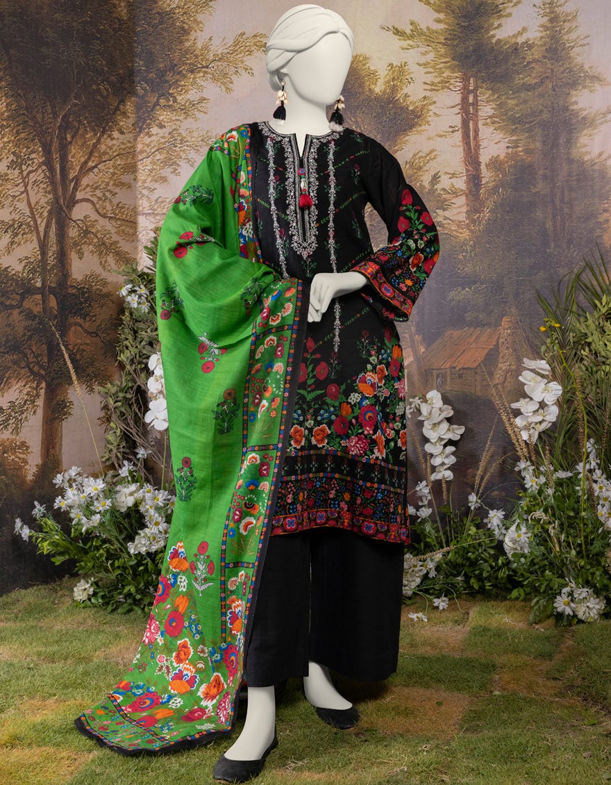 Black Khaddar 3 Piece Embroidered Stitched | Jjpw-S-Jpw-24-010