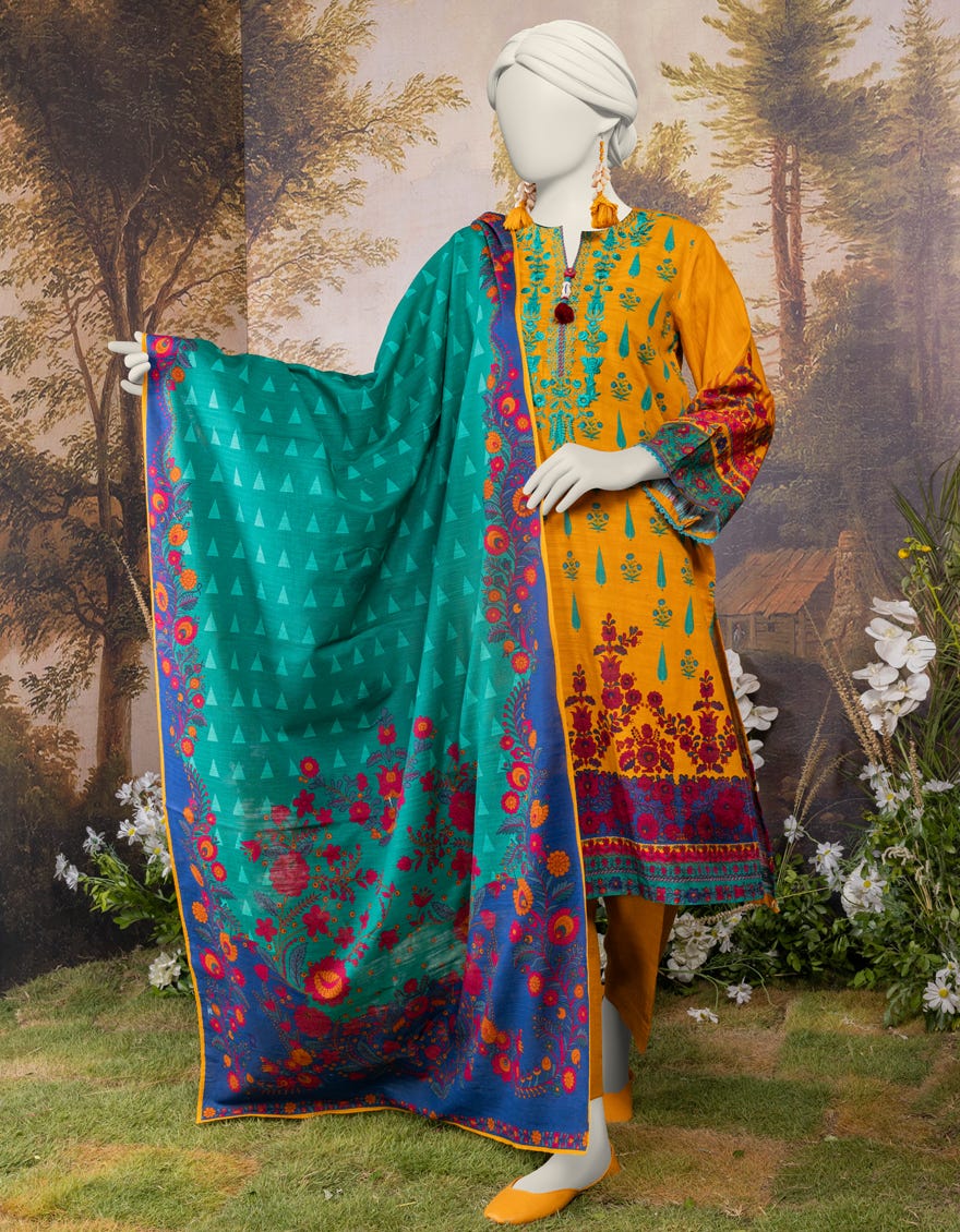 Mustard Khaddar 3 Piece Embroidered Stitched | Jjpw-S-Jpw-24-011