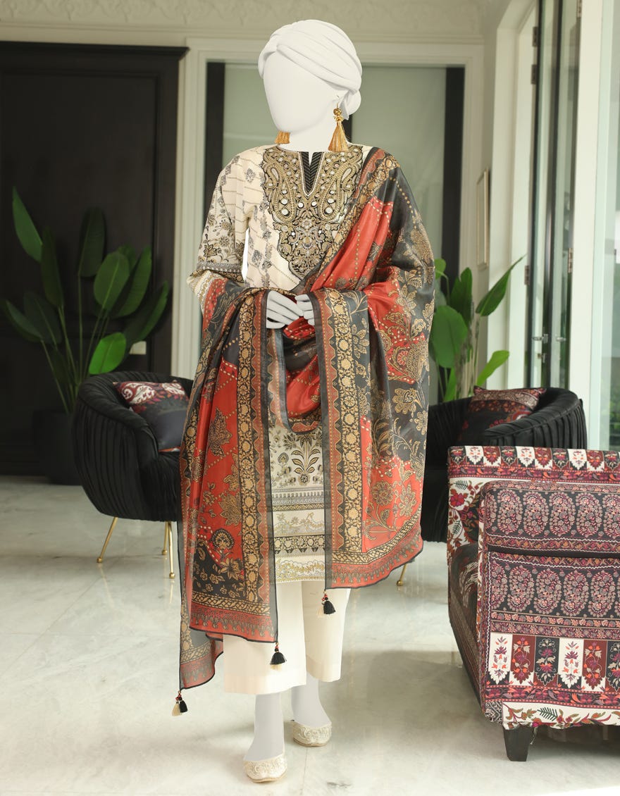 Off White Lawn 3 Piece Stitched Dress | Jlawn-S-24-012