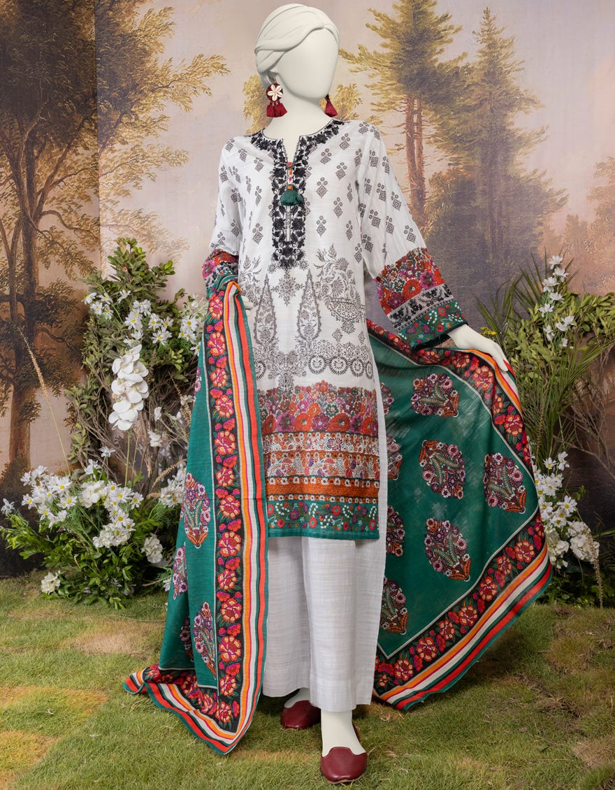White Khaddar 3 Piece Embroidered Stitched | Jjpw-S-Jpw-24-012