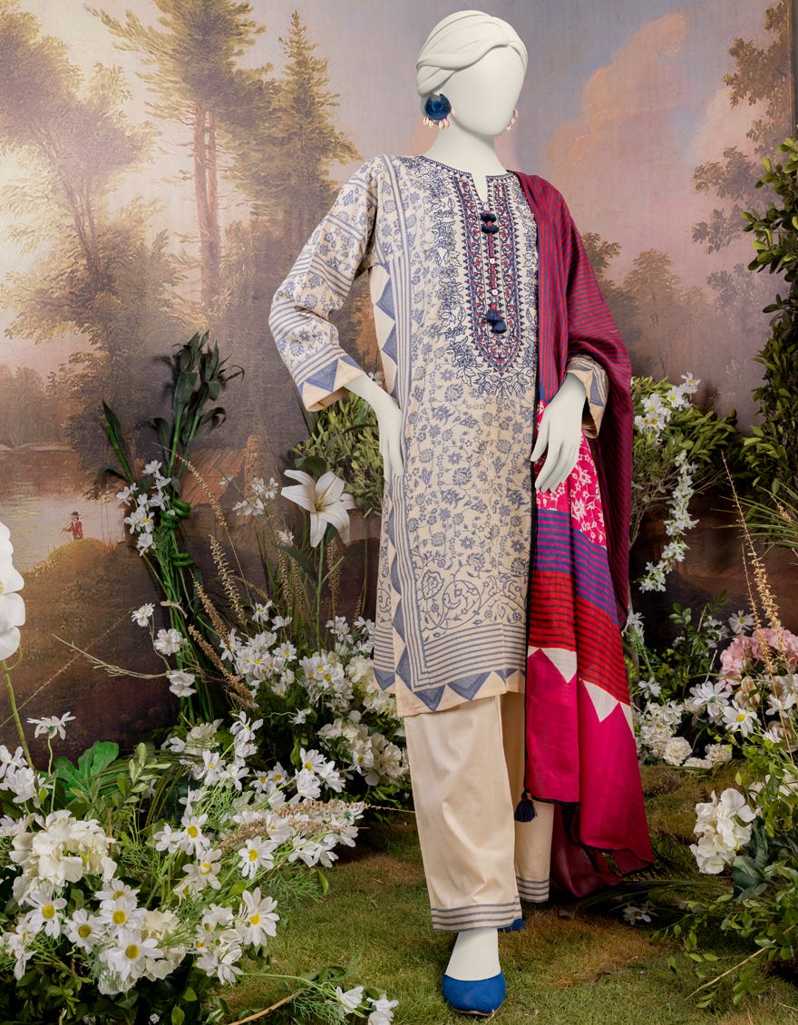 Cream Jacquard 3 Piece Embroidered Stitched | Jjpw-S-Jpw-24-014