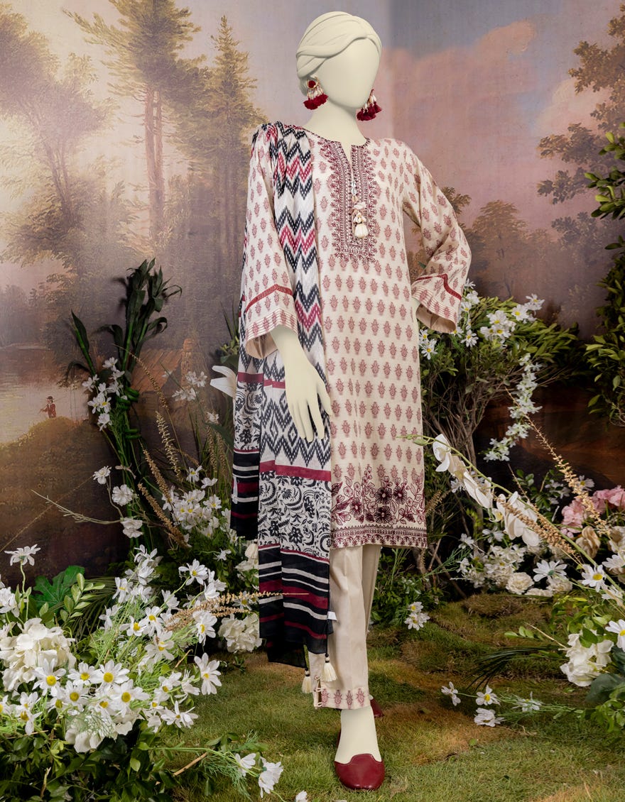 Cream Jacquard 3 Piece Embroidered Stitched | Jjpw-S-Jpw-24-015