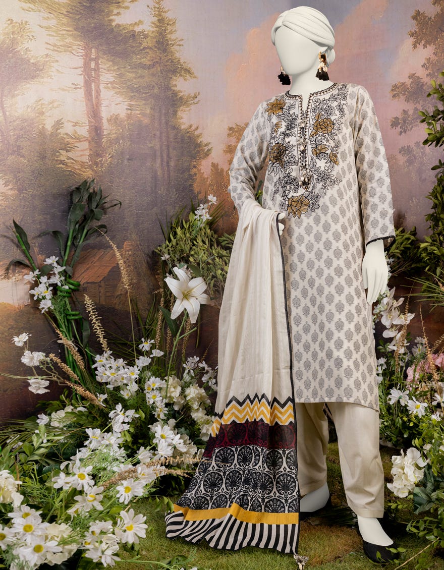 Off White Jacquard 3 Piece Embroidered Stitched | Jjpw-S-Jpw-24-016