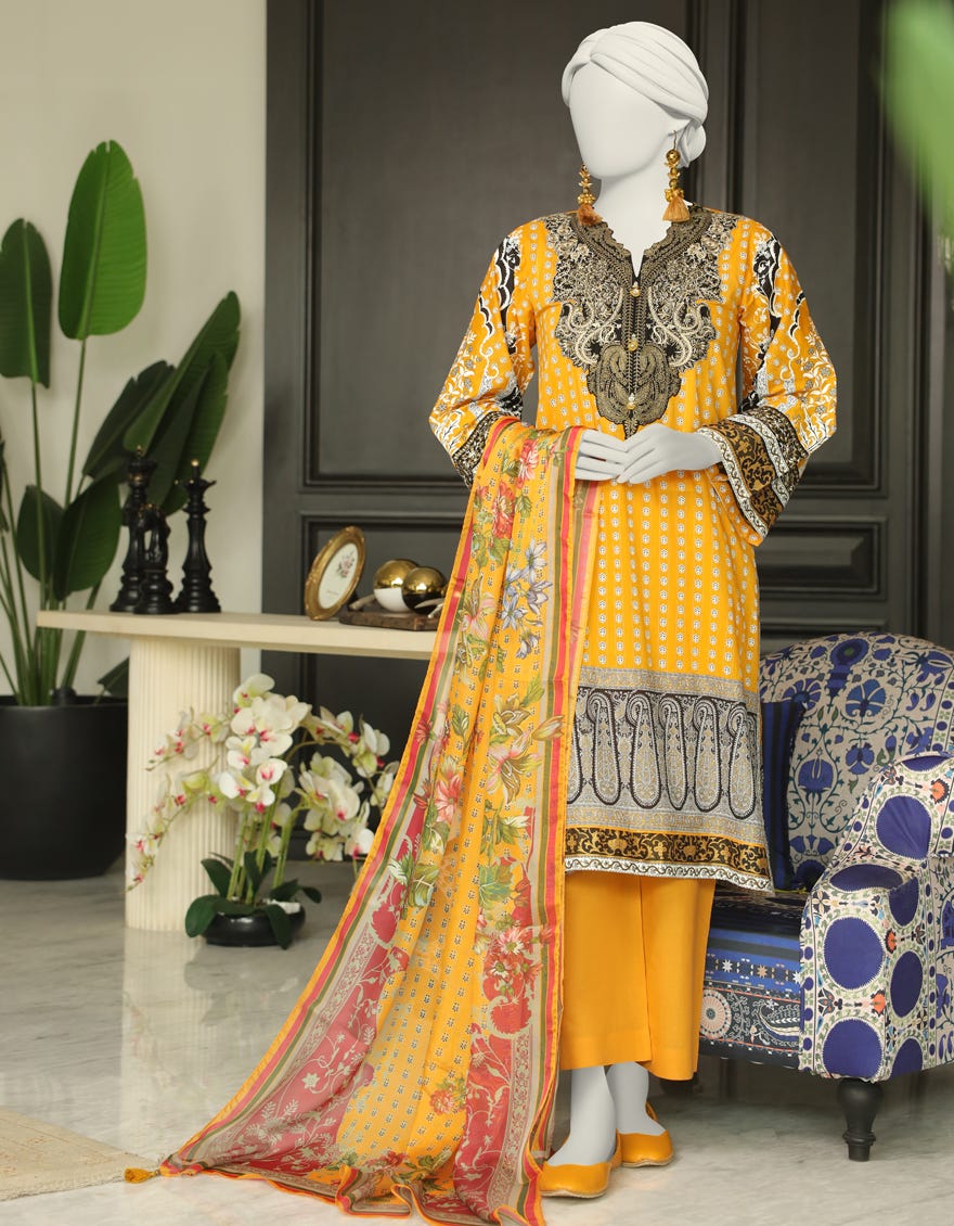 Yellow Cambric 3 Piece Stitched Dress | Jlawn-S-24-016