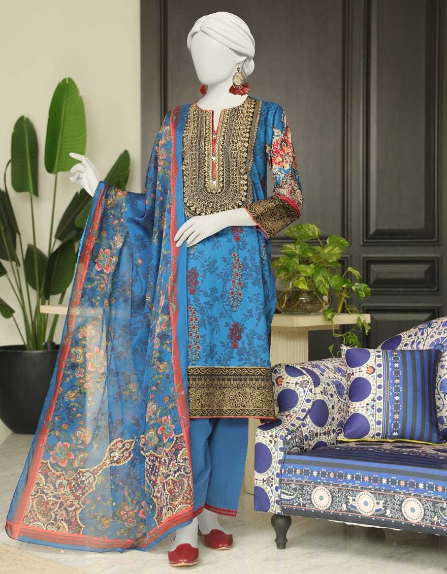 Blue Cambric 3 Piece Stitched Dress | Jlawn-S-24-017