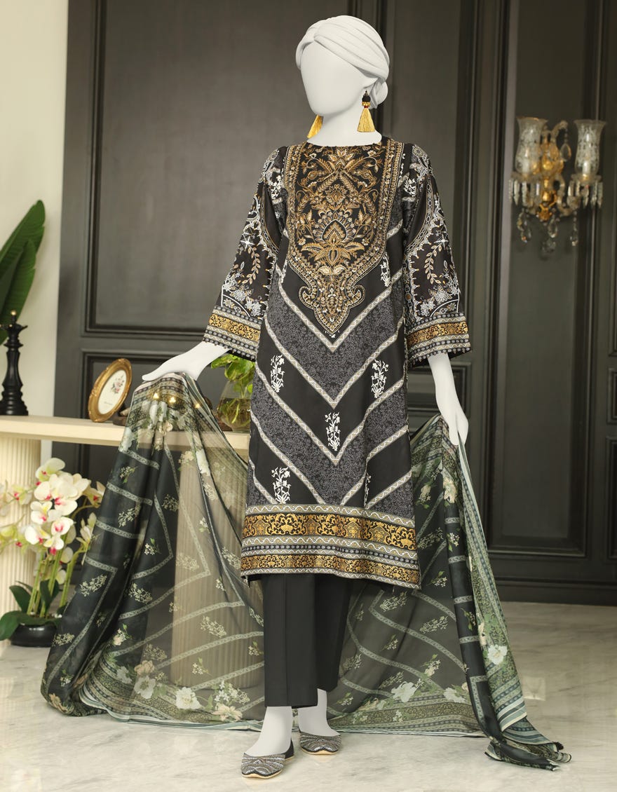 Black Cambric 3 Piece Stitched Dress | Jlawn-S-24-018