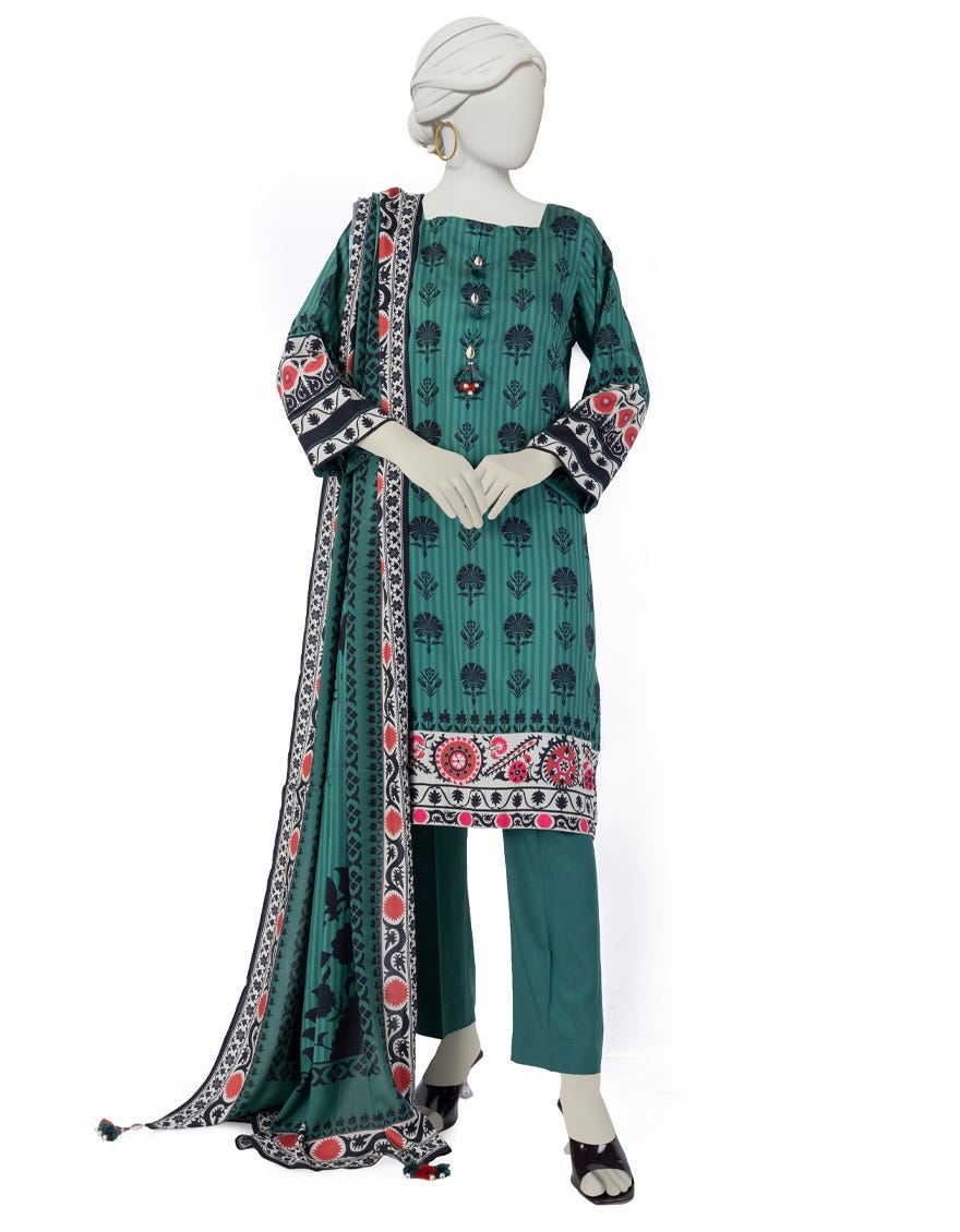 Green Linen 3 Piece Printed Stitched | Jjpw-S-Jpw-24-019
