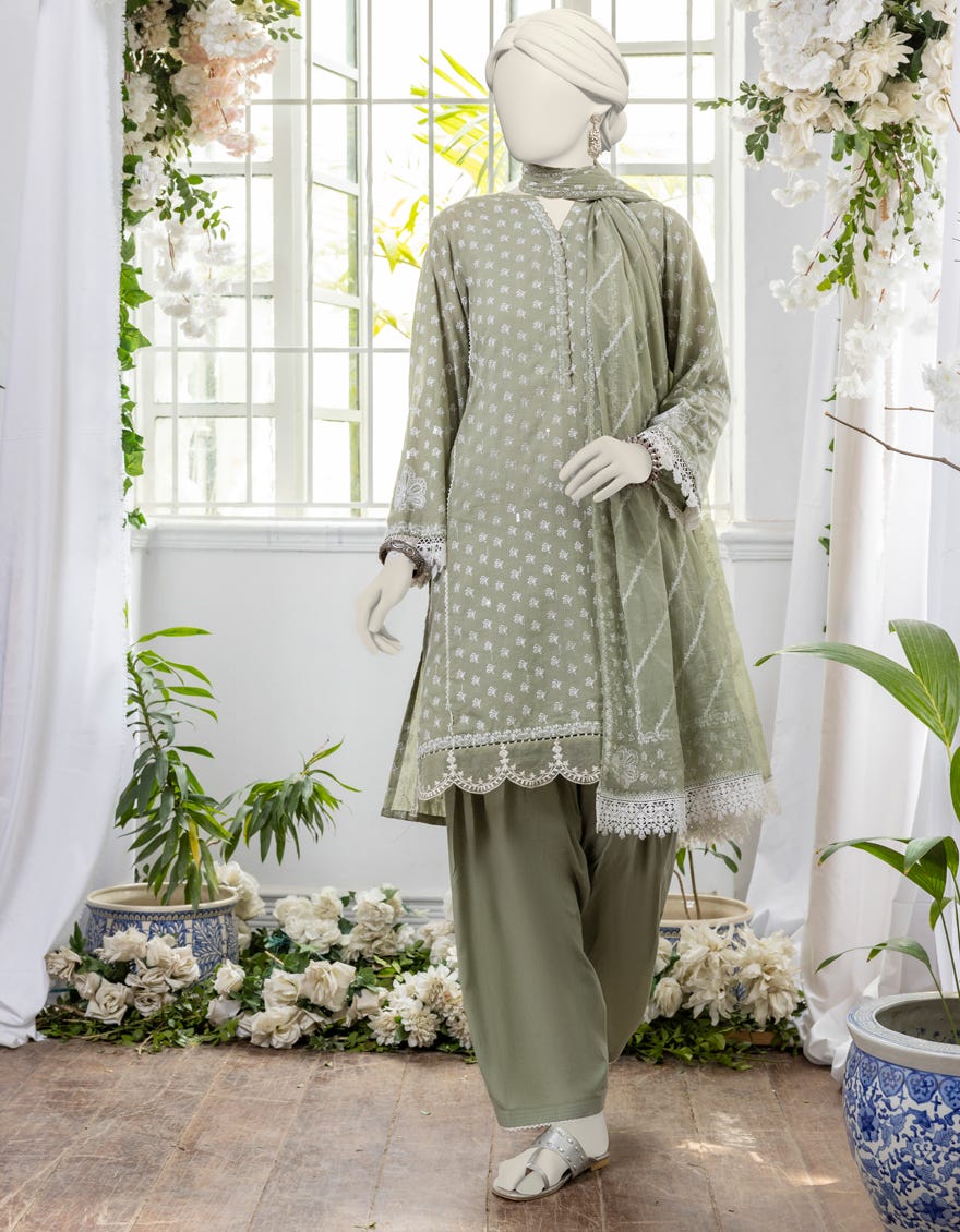 Green Organza 3 Piece Embroidered Stitched | Jjpw-S-Jpw-24-023