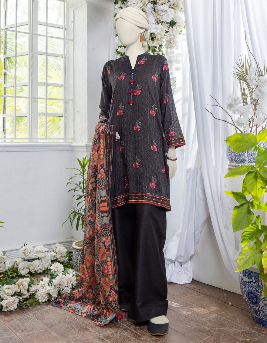 Black Dobby Printed Unstitched 3 Piece Dress | Jjls-S-Jpw-24-026