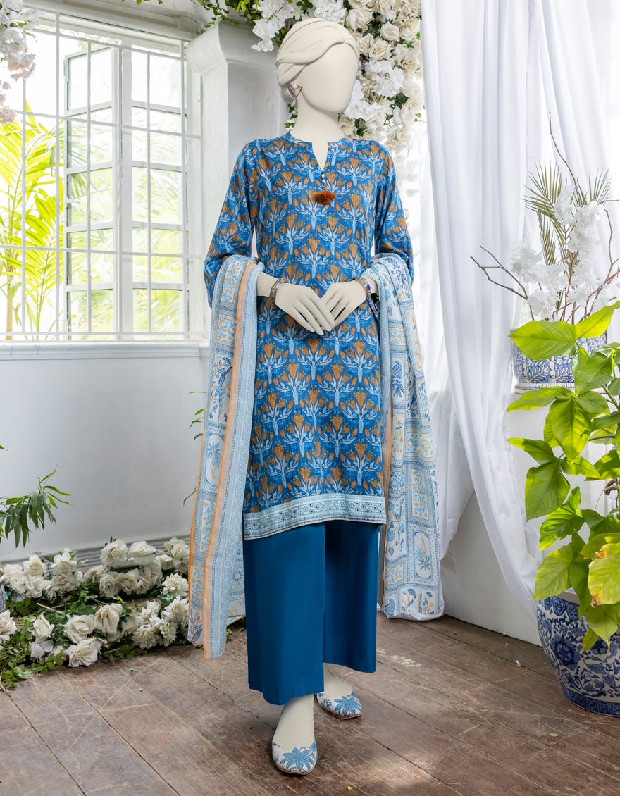BLUE DORIA 3PC PRINTED STITCHED | JJPW-S-JPW-24-027