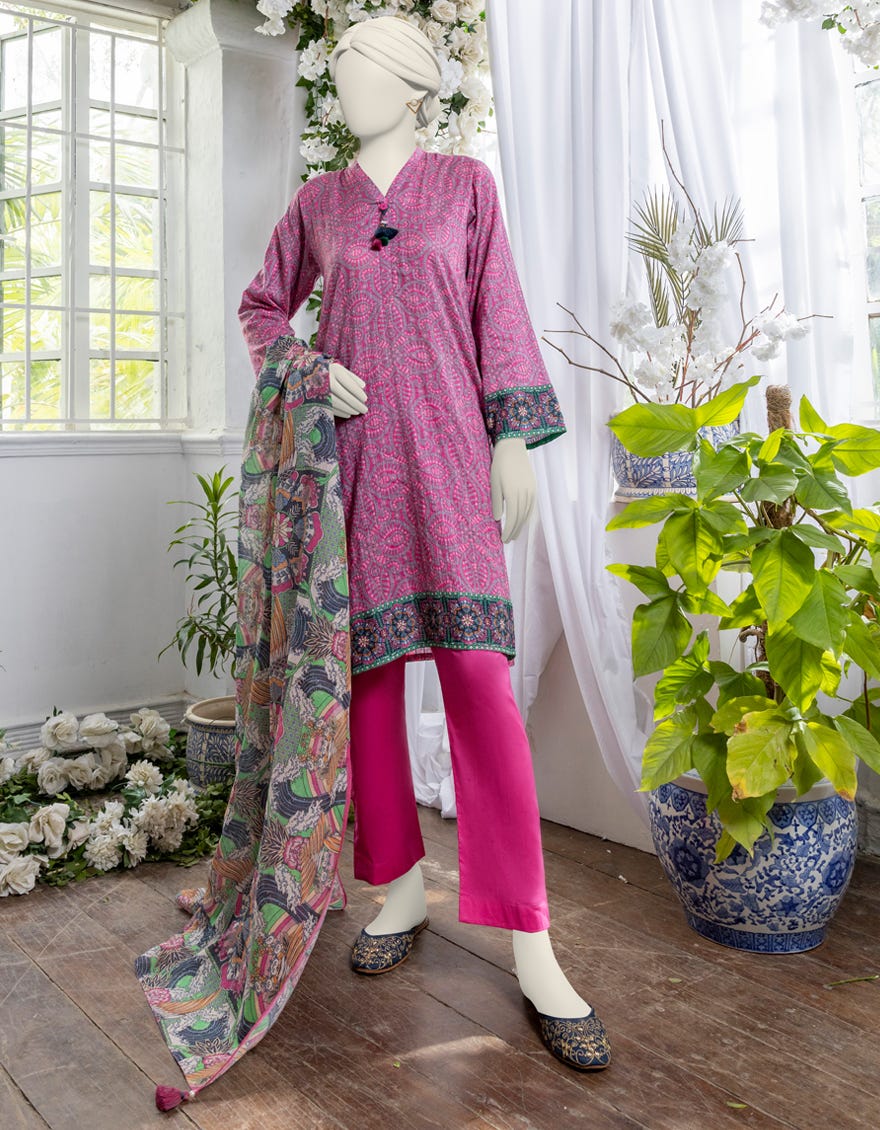 Pink Dobby Printed Unstitched 3 Piece Dress | Jjls-S-Jpw-24-028