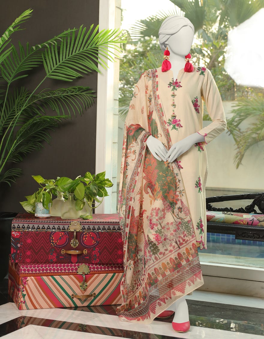 Beige Dyed 3 Piece Stitched Dress | Jlawn-S-24-030