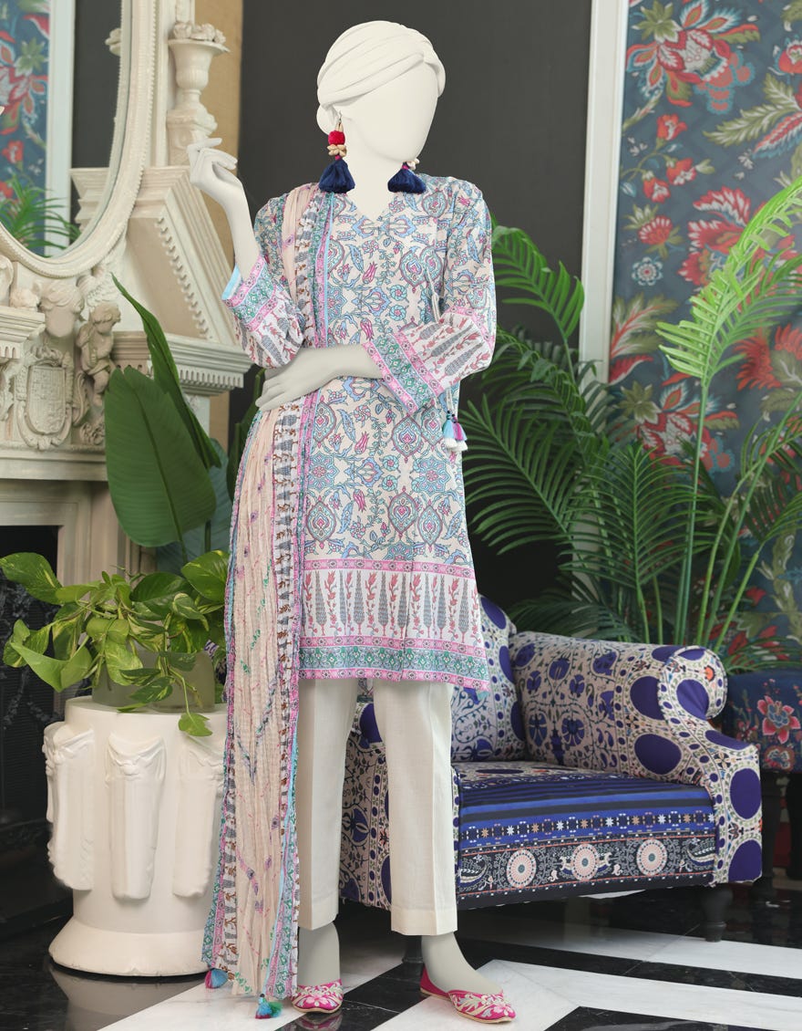 Blue Cambric 3 Piece Stitched Dress | Jlawn-S-24-036