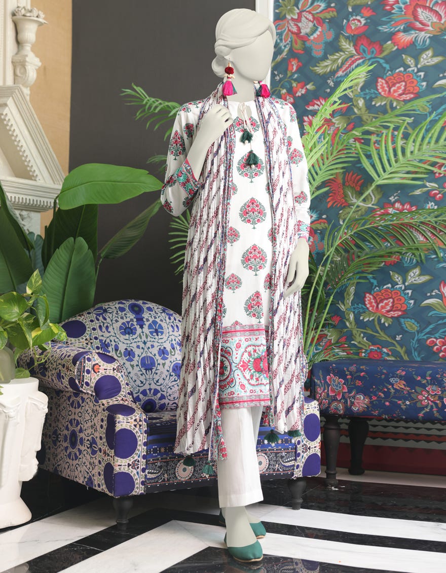 White Cambric 3 Piece Stitched Dress | Jlawn-S-24-037