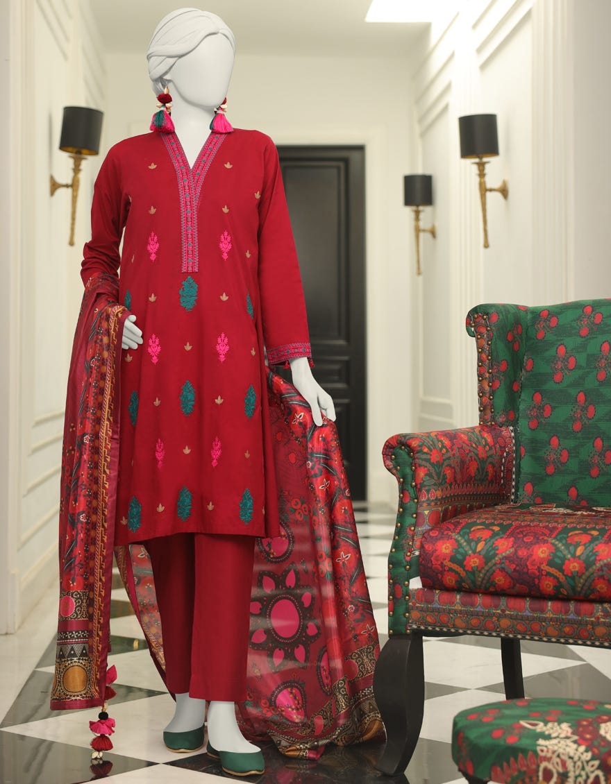 Red Lawn 3 Piece Stitched Dress | Jlawn-S-24-042