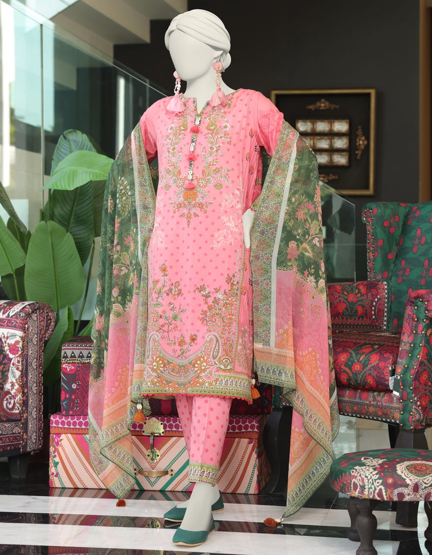 Pink Lawn 3 Piece Stitched Dress | Jlawn-S-24-046