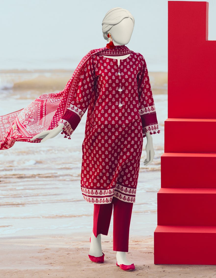 MAROON LAWN UNSTITCHED 3PC | JLAWN-S-24-047