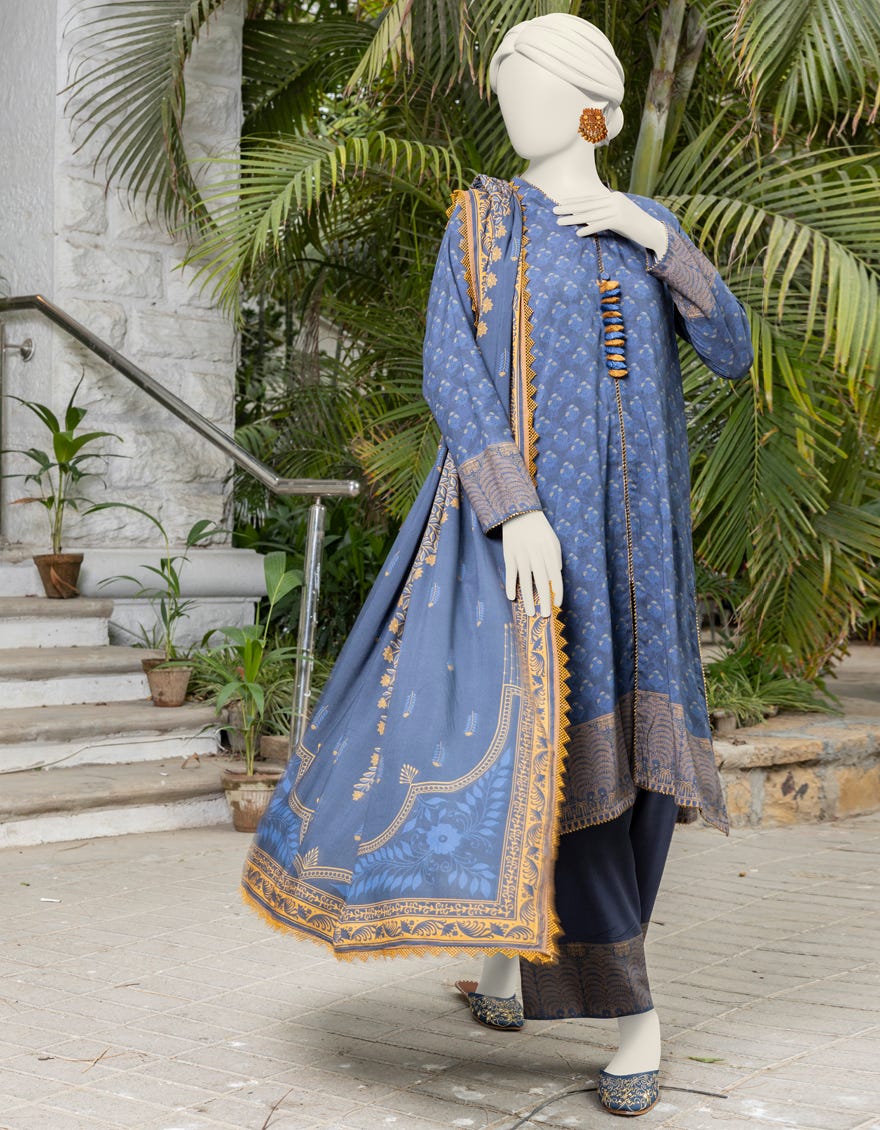 Blue Light Linen Printed Unstitched 3 Piece Dress | Jjls-S-Jpwu-24-048